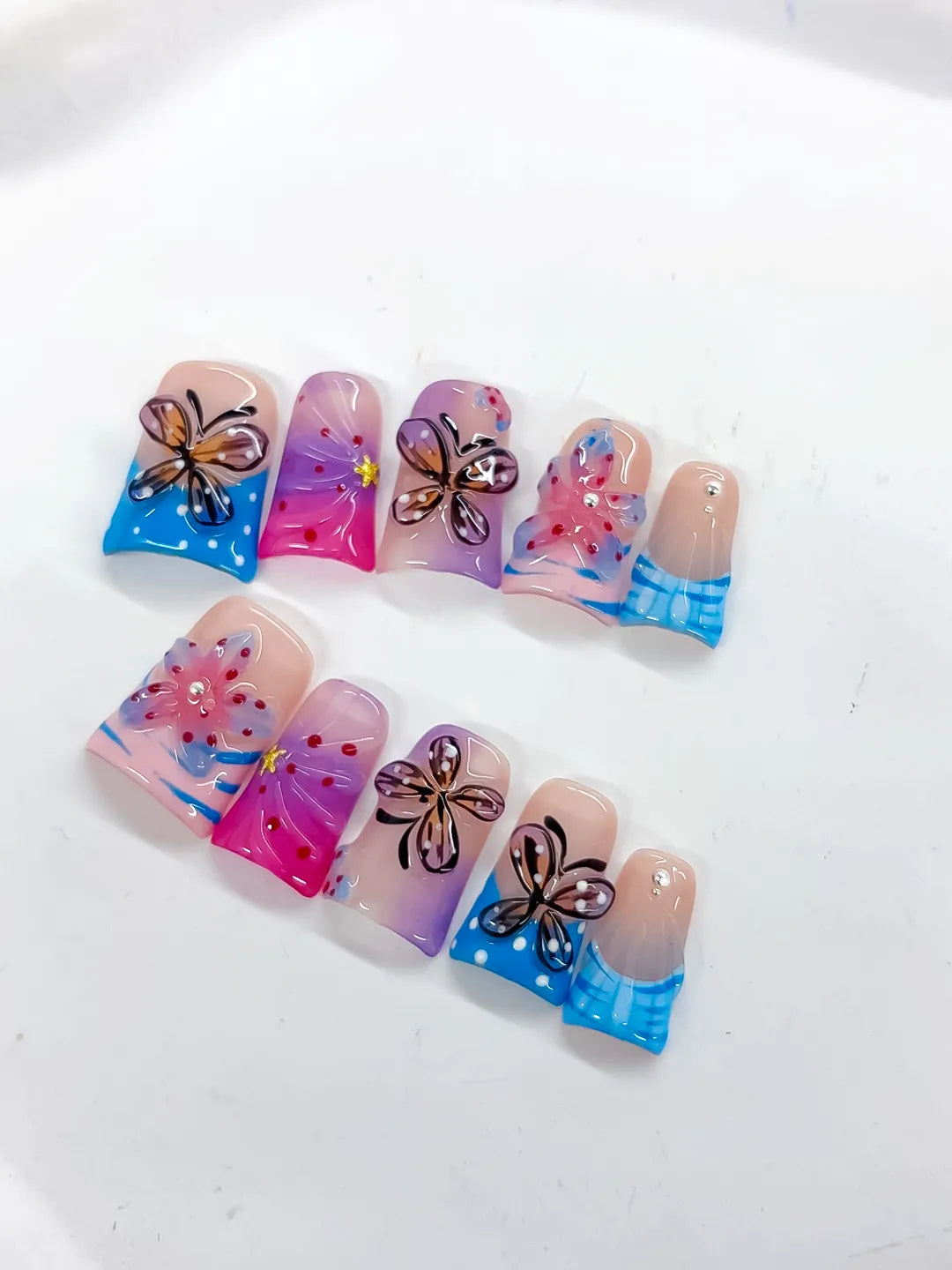 Pink Blue Purple Silver Abstract Butterfly Flower Rhinestone 3D press on nails detail view