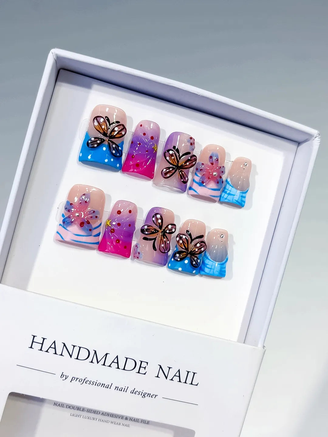 Pink Blue Purple Silver Abstract Butterfly Flower Rhinestone 3D press on nails