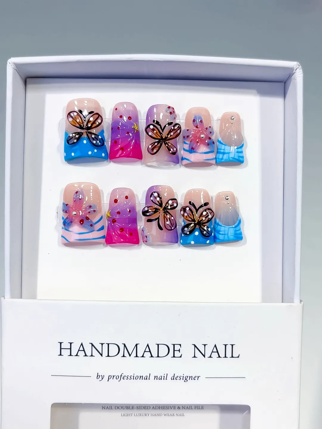 Pink Blue Purple Silver Abstract Butterfly Flower Rhinestone 3D press on nails full set view