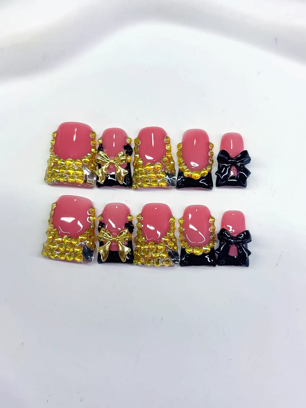 Pink Black Gold French tip Bow Rhinestone press on nails detail view
