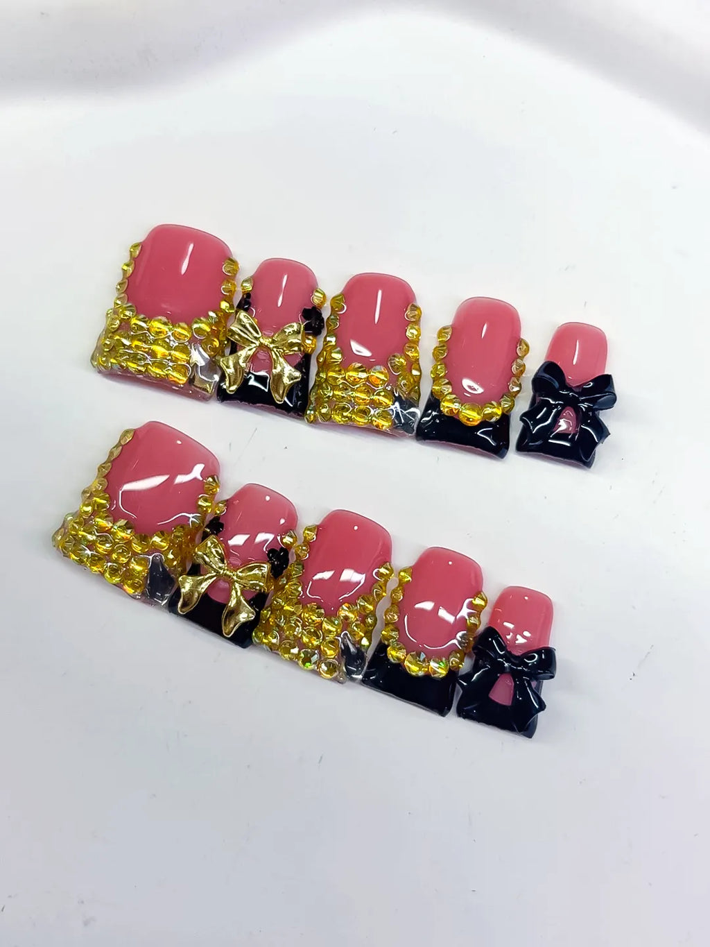 Pink Black Gold French tip Bow Rhinestone press on nails detail view
