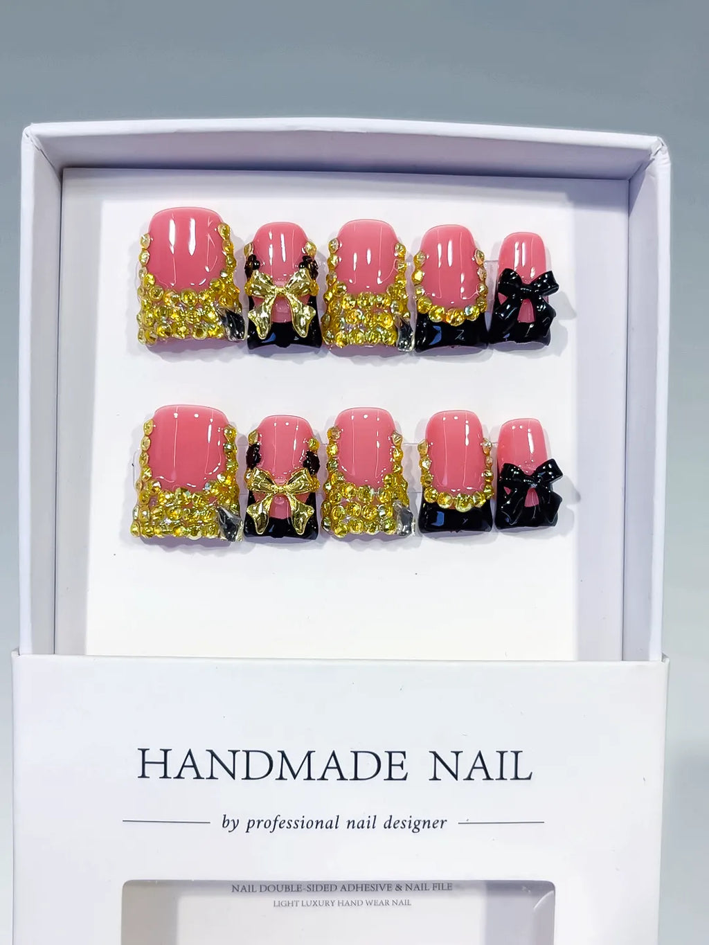 Pink Black Gold French tip Bow Rhinestone press on nails full set view