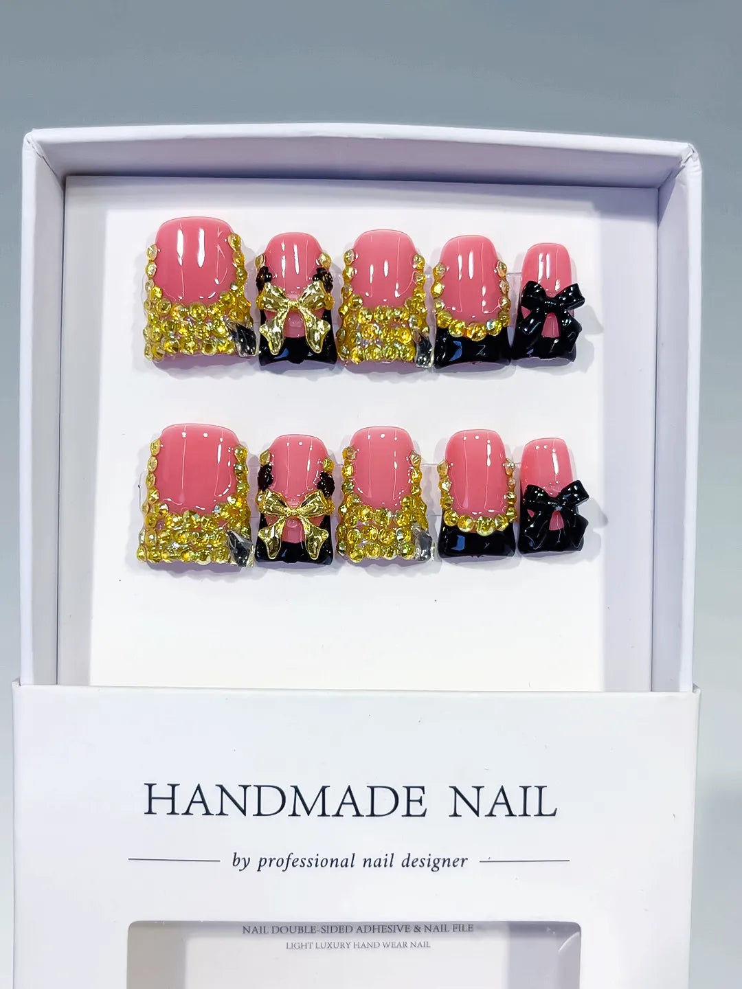 Pink Black Gold French tip Bow Rhinestone press on nails full set view