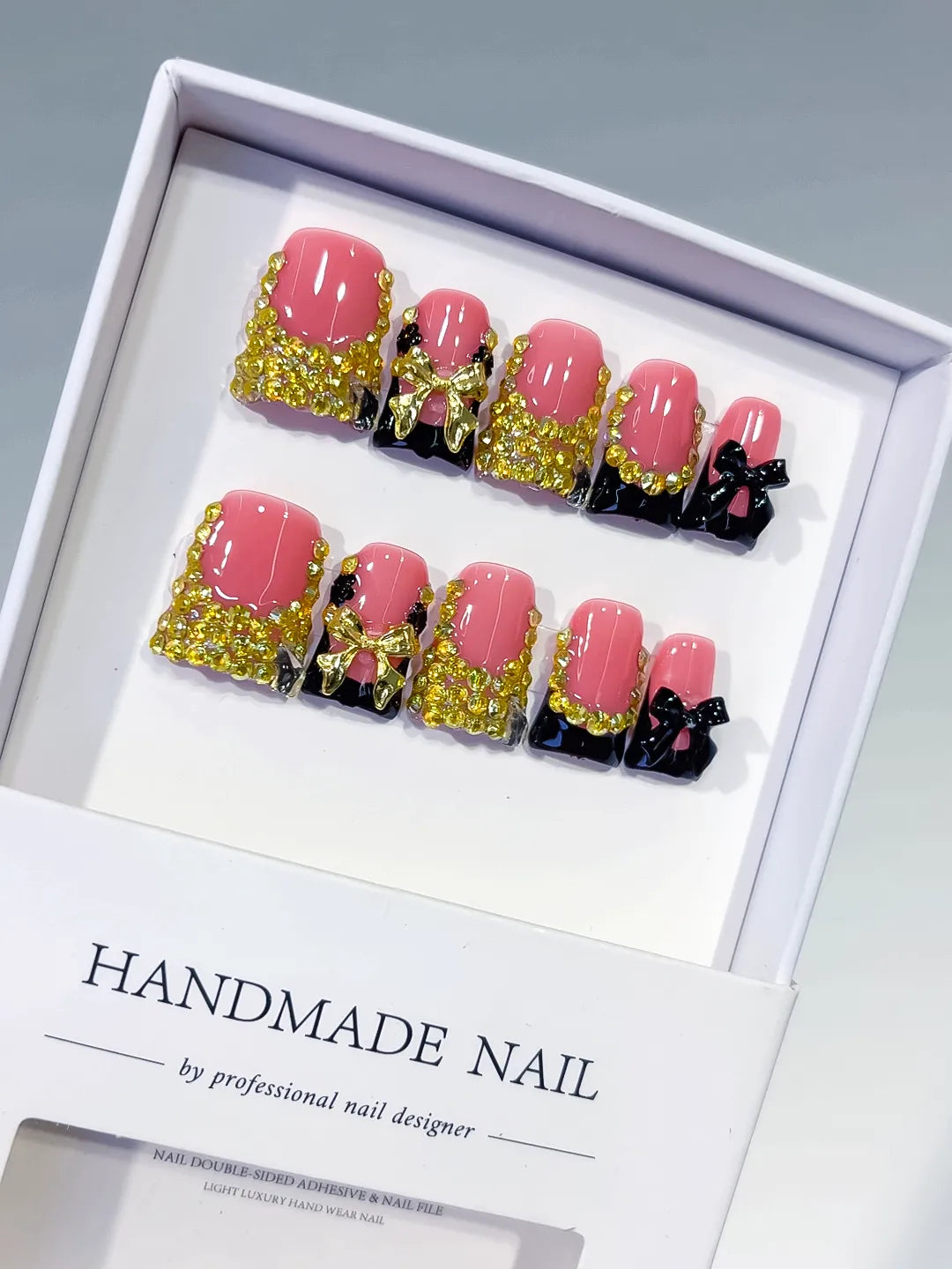 Pink Black Gold French tip Bow Rhinestone press on nails