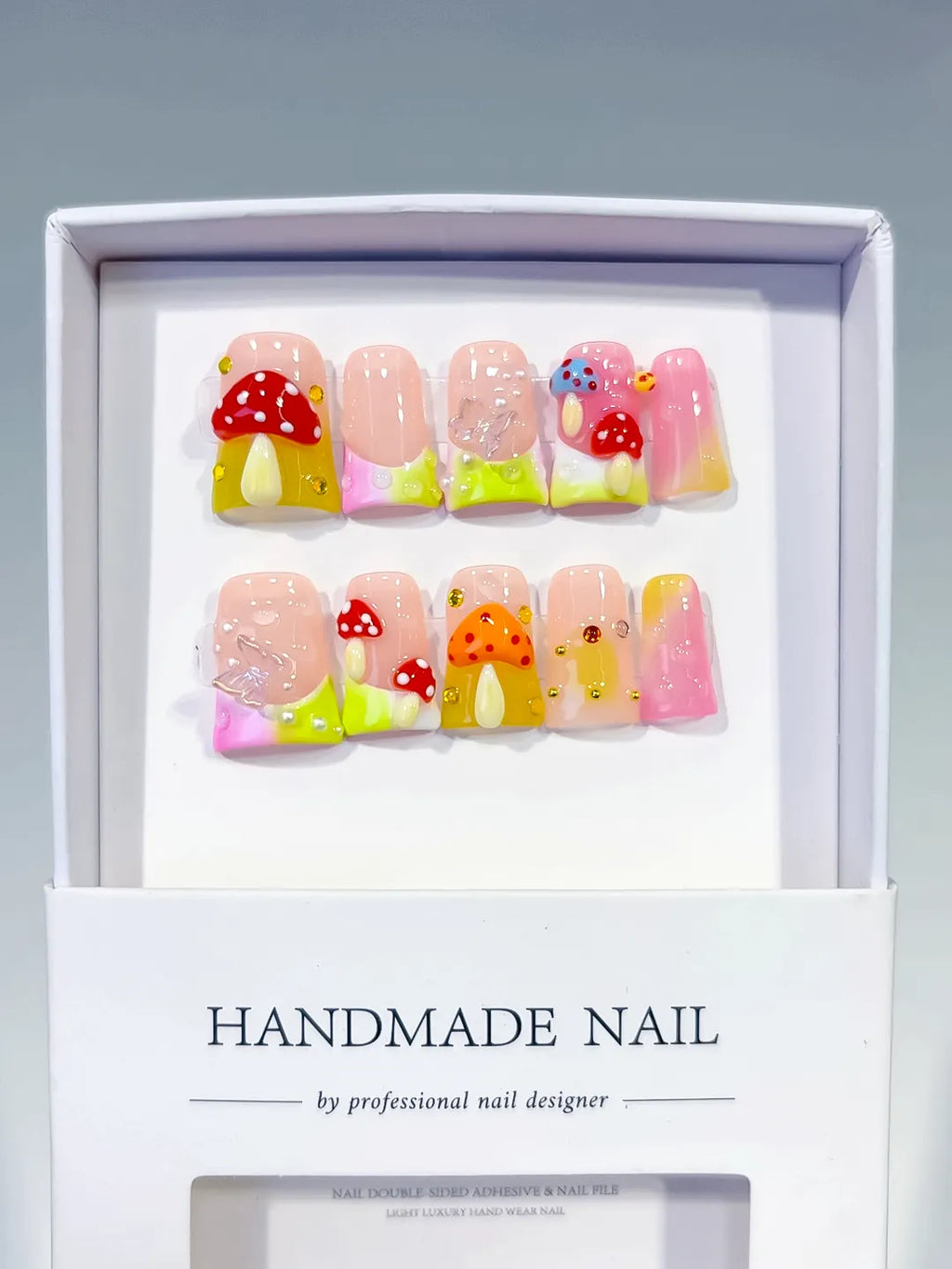 Nude Pink Yellow Red Silver Abstract Mushroom Flower Glitter 3D press on nails full set view