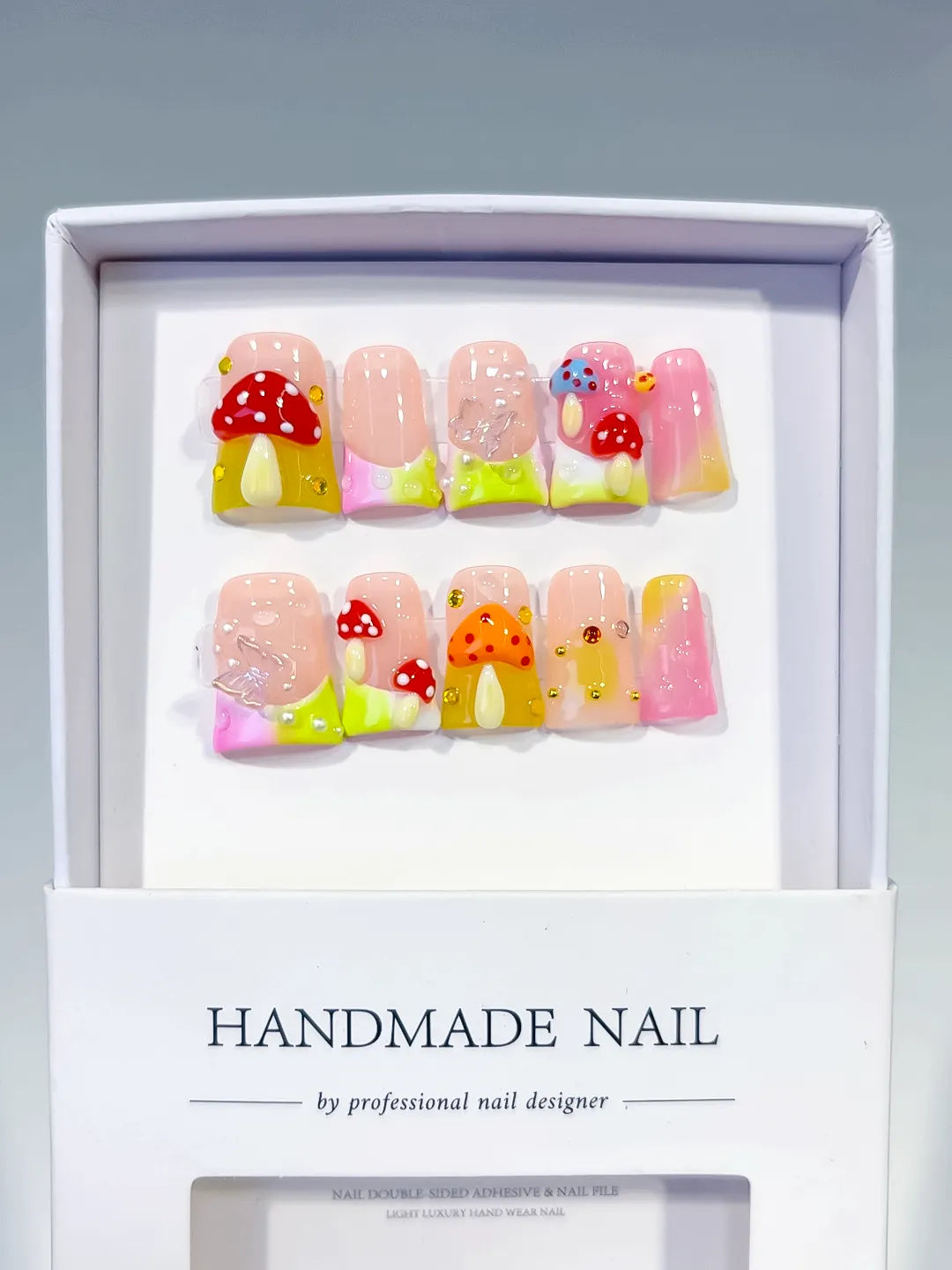 Nude Pink Yellow Red Silver Abstract Mushroom Flower Glitter 3D press on nails full set view