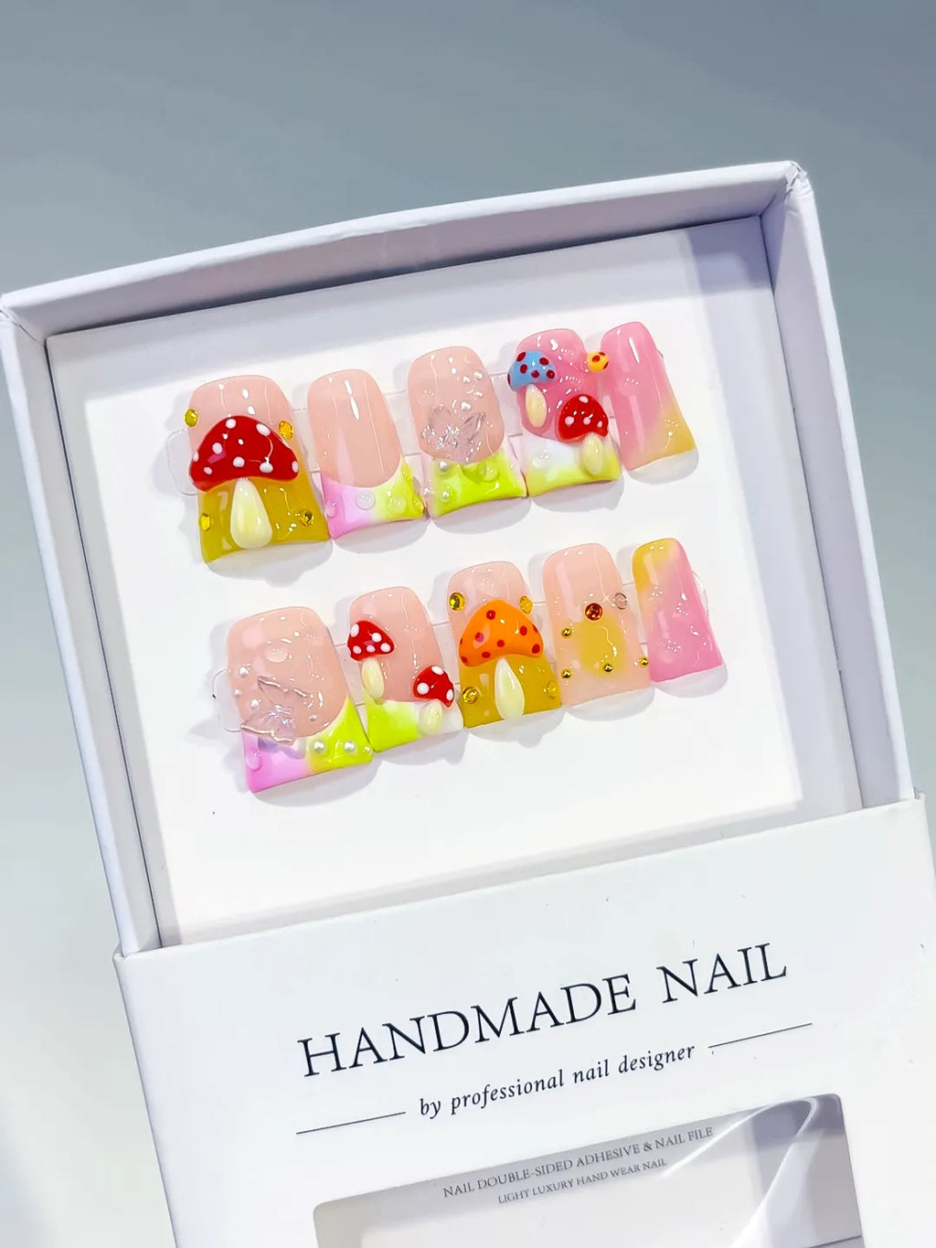 Nude Pink Yellow Red Silver Abstract Mushroom Flower Glitter 3D press on nails angled view