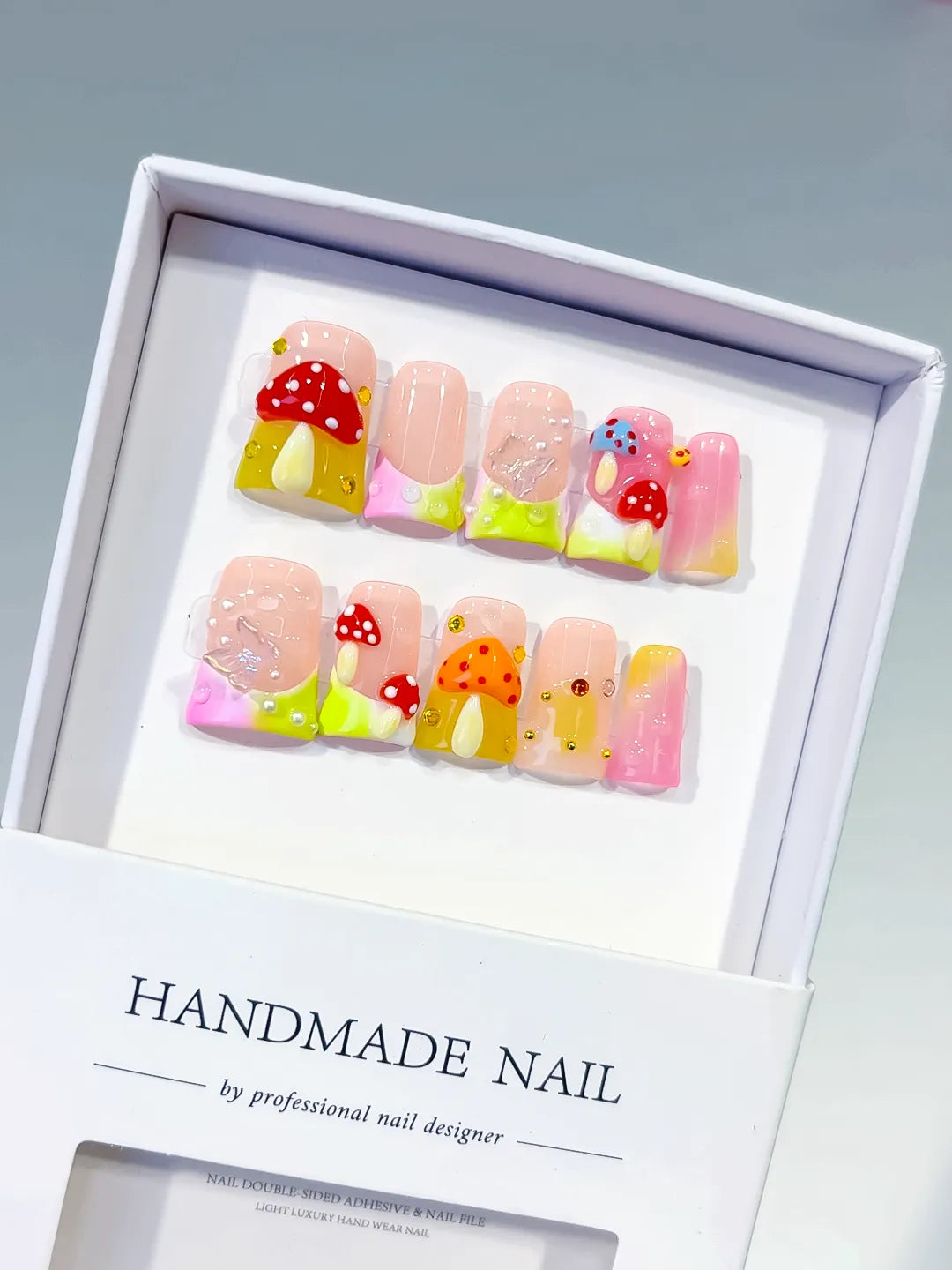 Nude Pink Yellow Red Silver Abstract Mushroom Flower Glitter 3D press on nails