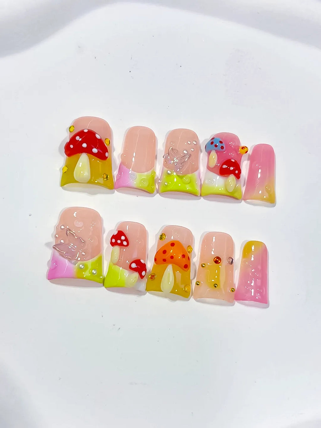 Nude Pink Yellow Red Silver Abstract Mushroom Flower Glitter 3D press on nails close up