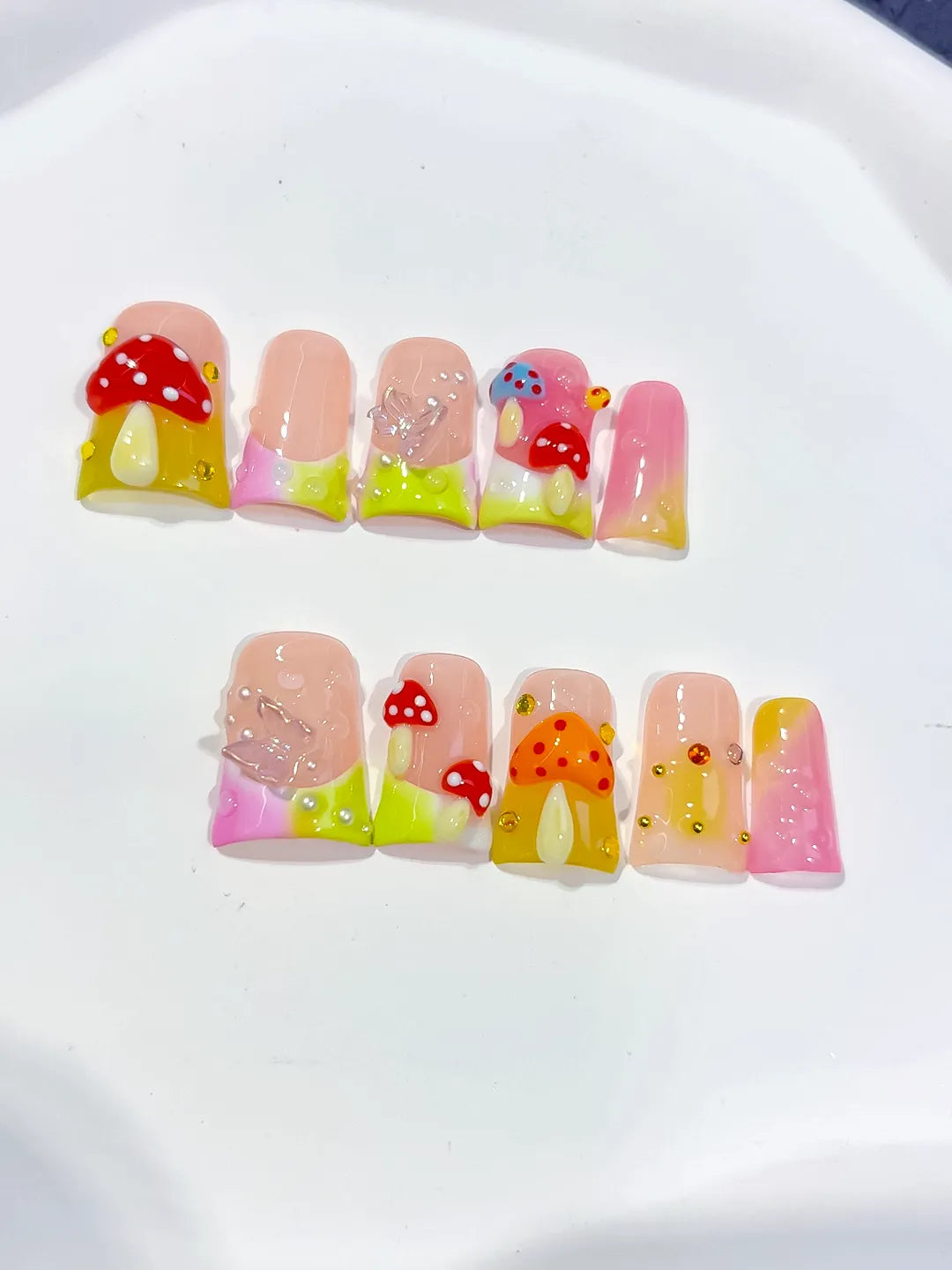 Nude Pink Yellow Red Silver Abstract Mushroom Flower Glitter 3D press on nails detail view