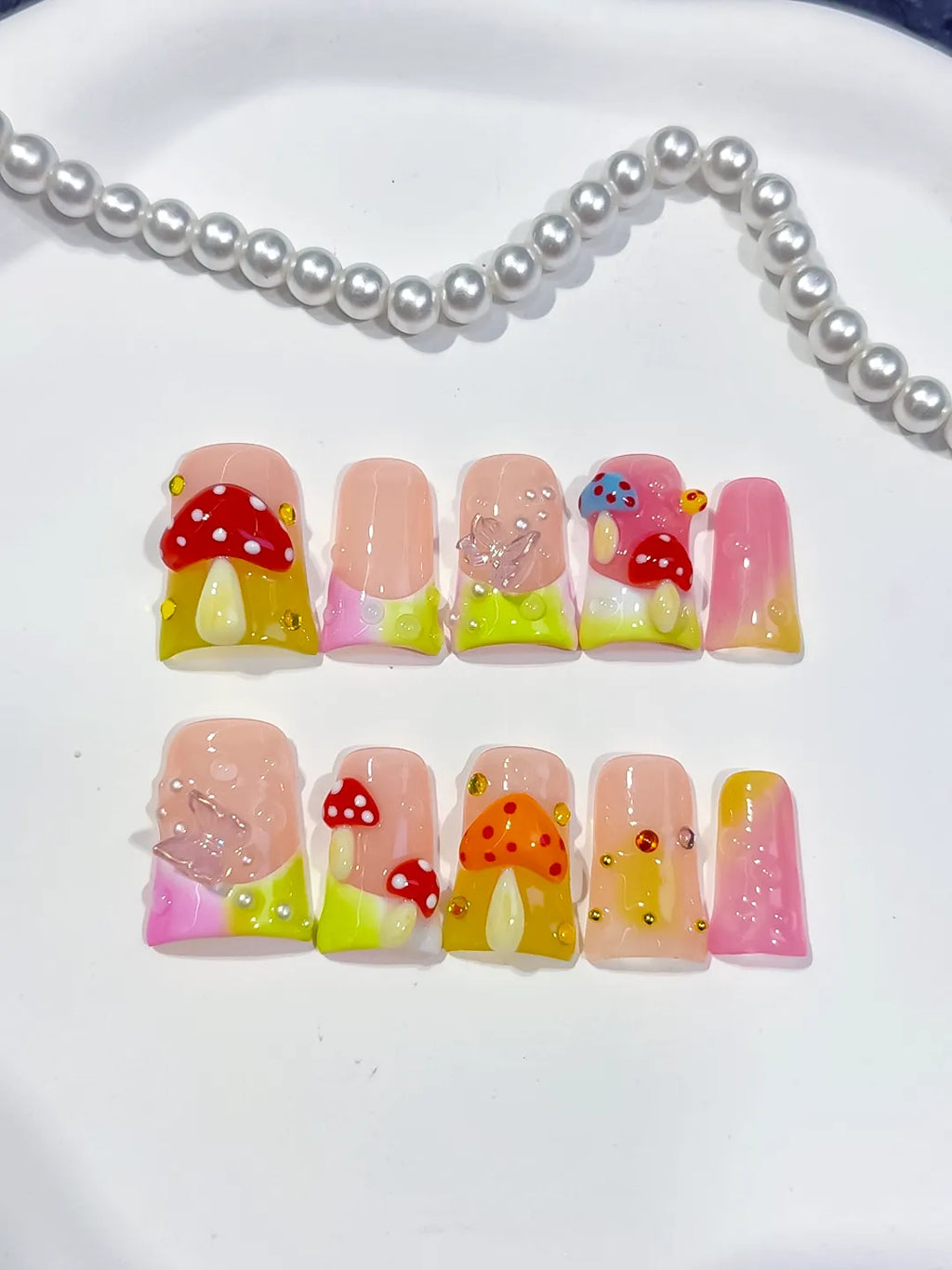Nude Pink Yellow Red Silver Abstract Mushroom Flower Glitter 3D press on nails detail view