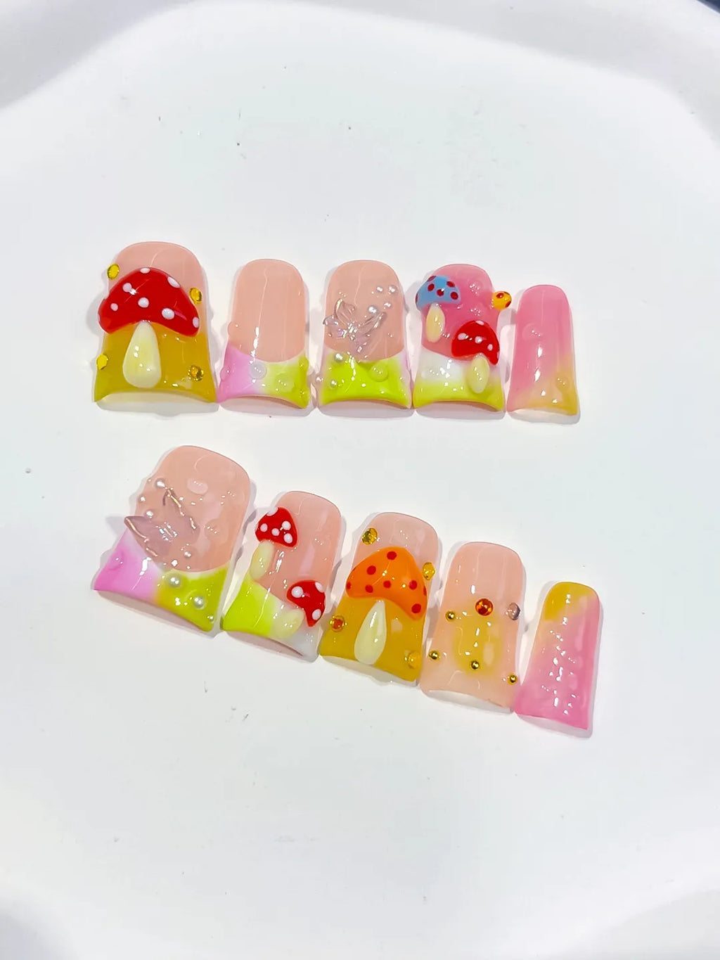 Nude Pink Yellow Red Silver Abstract Mushroom Flower Glitter 3D press on nails detail view