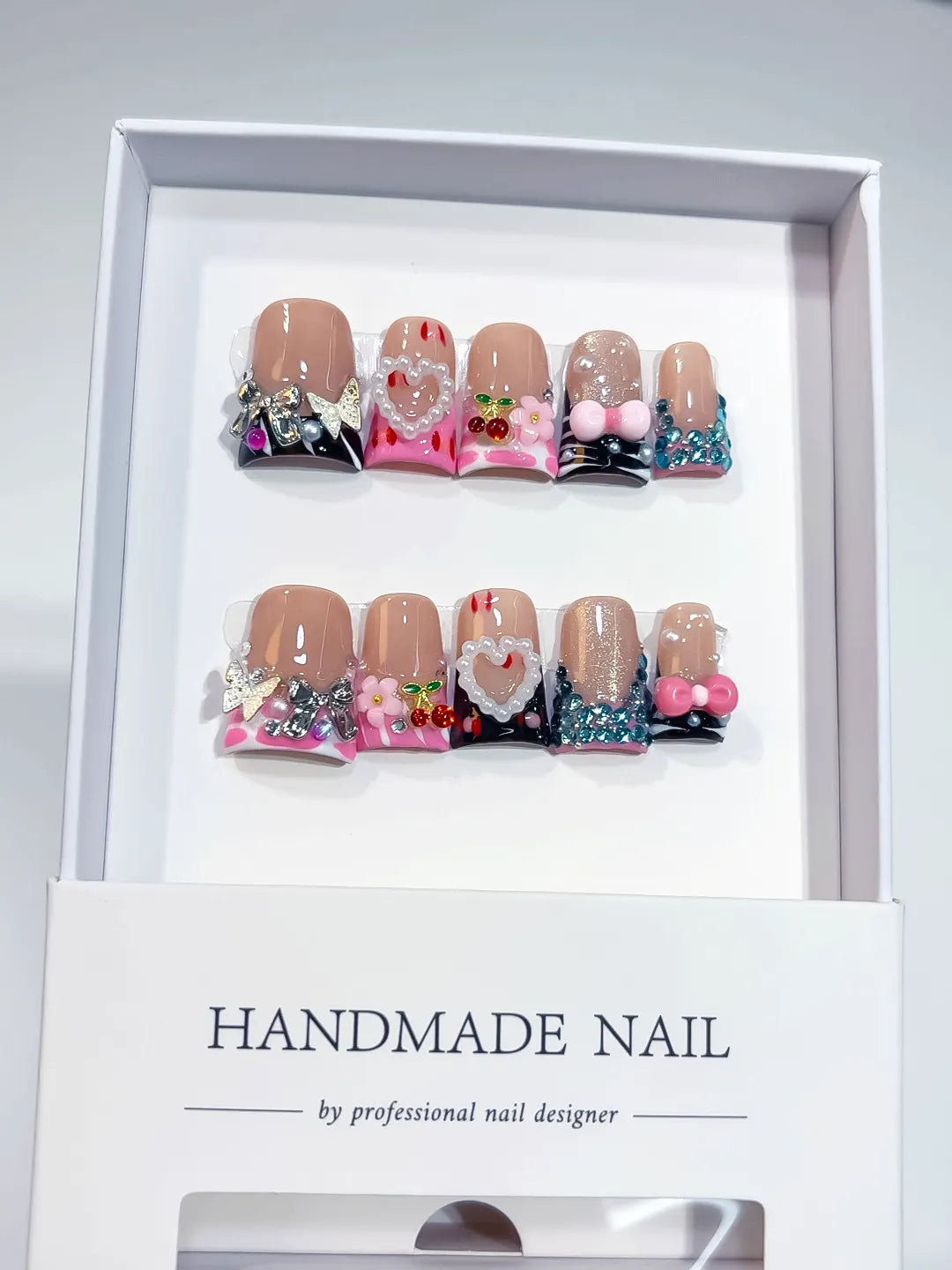 Nude Pink Black Blue Silver Abstract Heart Flower Cherry Rhinestone 3D press on nails full set view