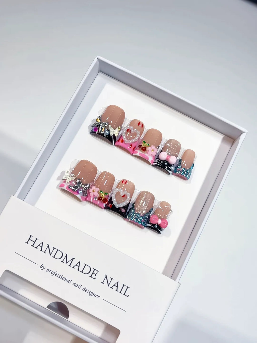 Nude Pink Black Blue Silver Abstract Heart Flower Cherry Rhinestone 3D press on nails