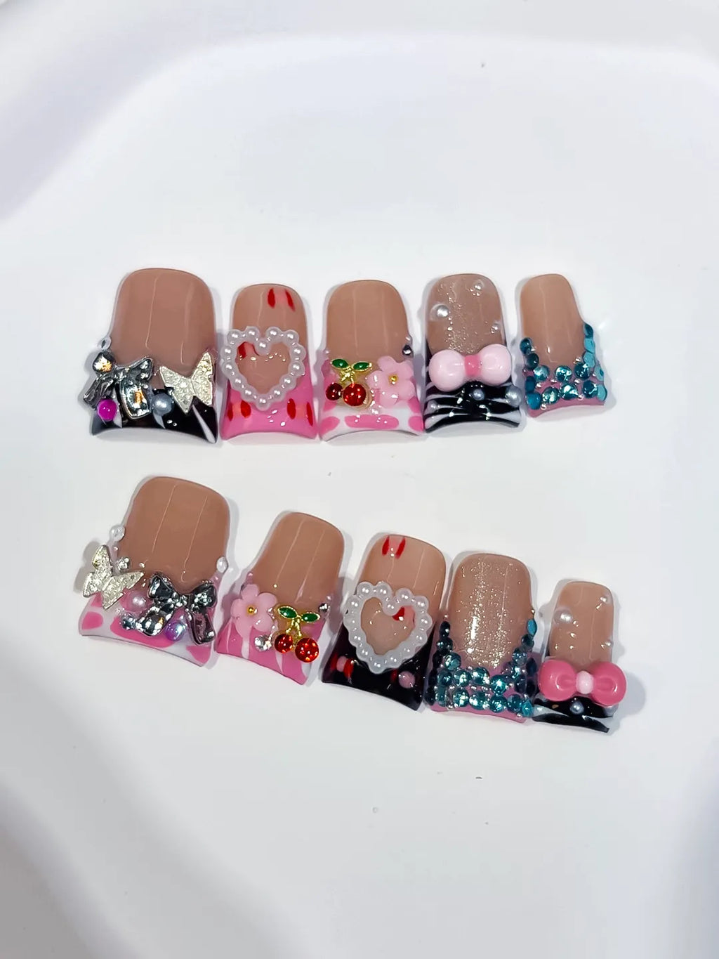Nude Pink Black Blue Silver Abstract Heart Flower Cherry Rhinestone 3D press on nails detail view