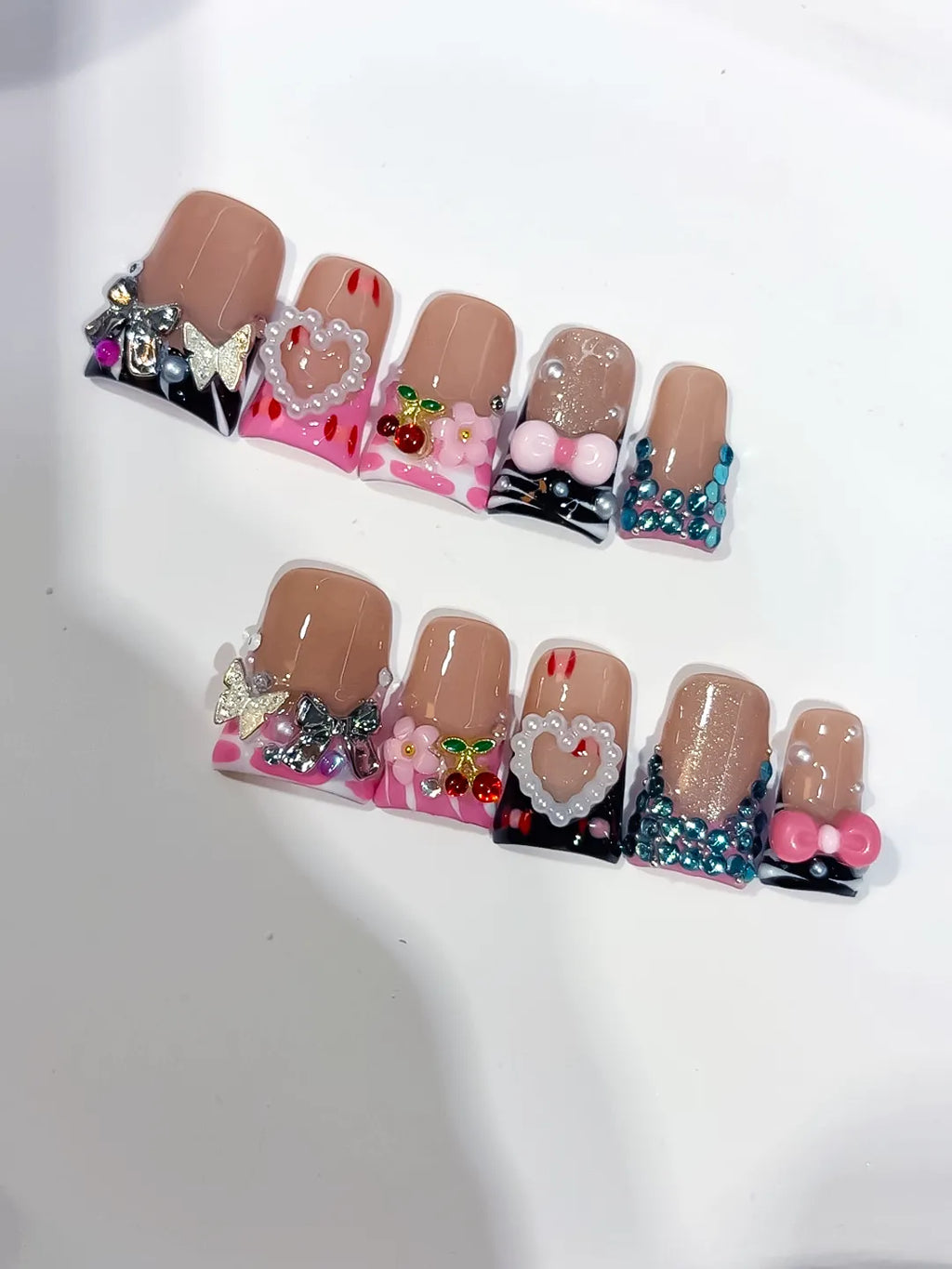 Nude Pink Black Blue Silver Abstract Heart Flower Cherry Rhinestone 3D press on nails close up