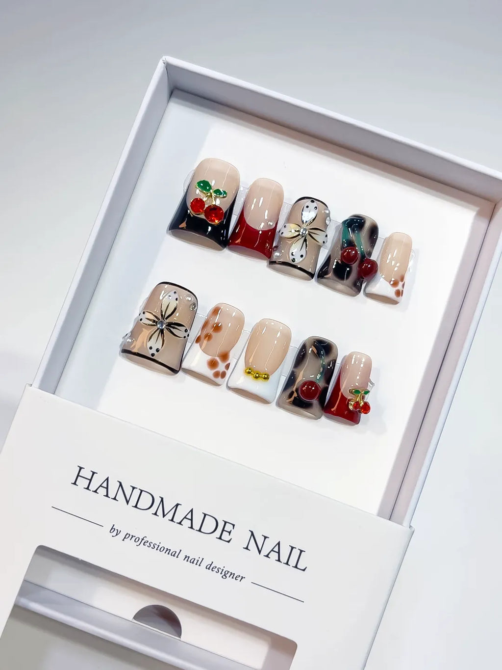 Nude White Black Red Gold Abstract Flower Cherry press on nails