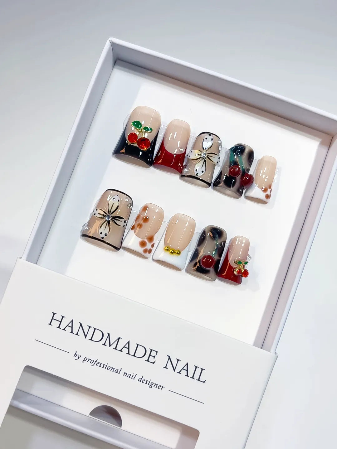 Nude White Black Red Gold Abstract Flower Cherry press on nails