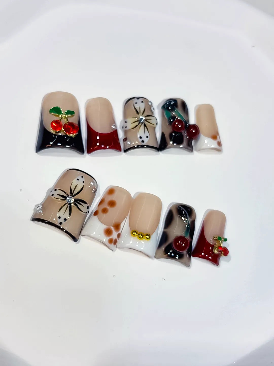 Nude White Black Red Gold Abstract Flower Cherry press on nails detail view