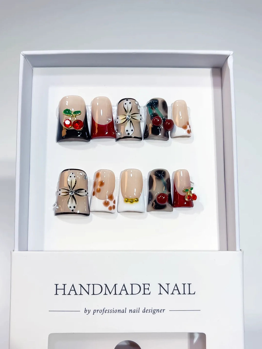 Nude White Black Red Gold Abstract Flower Cherry press on nails full set view