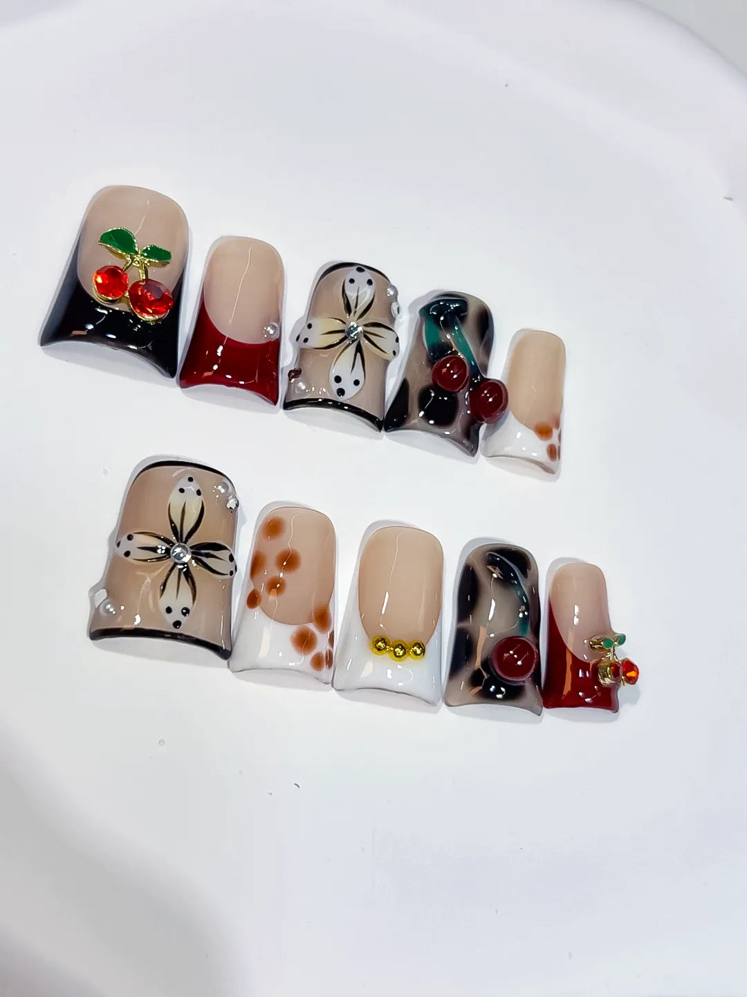 Nude White Black Red Gold Abstract Flower Cherry press on nails close up