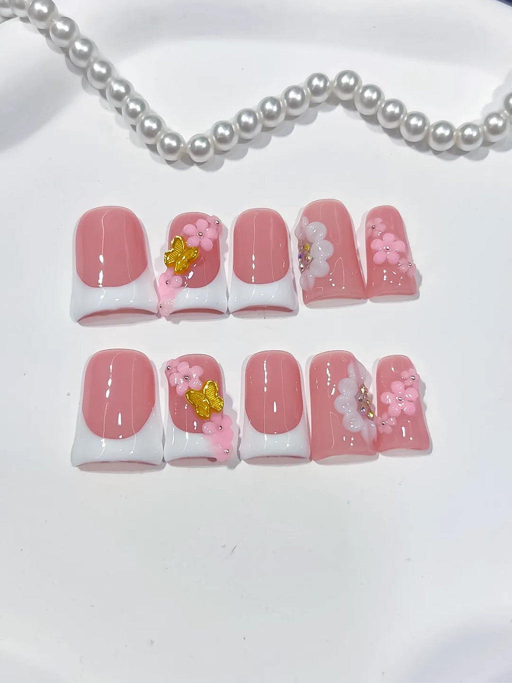 Pink White French tip Flower 3D press on nails close up