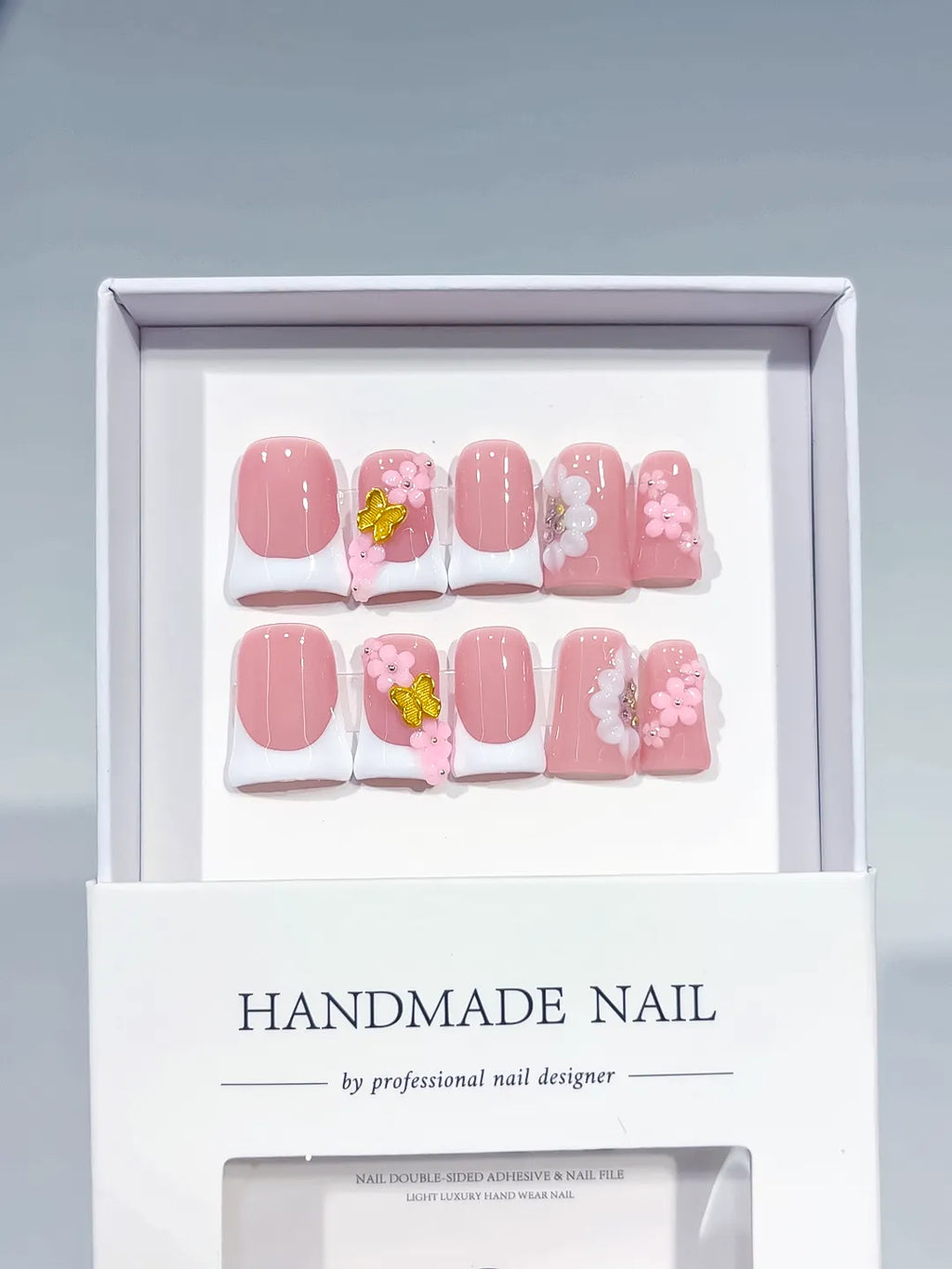 Pink White French tip Flower 3D press on nails full set view