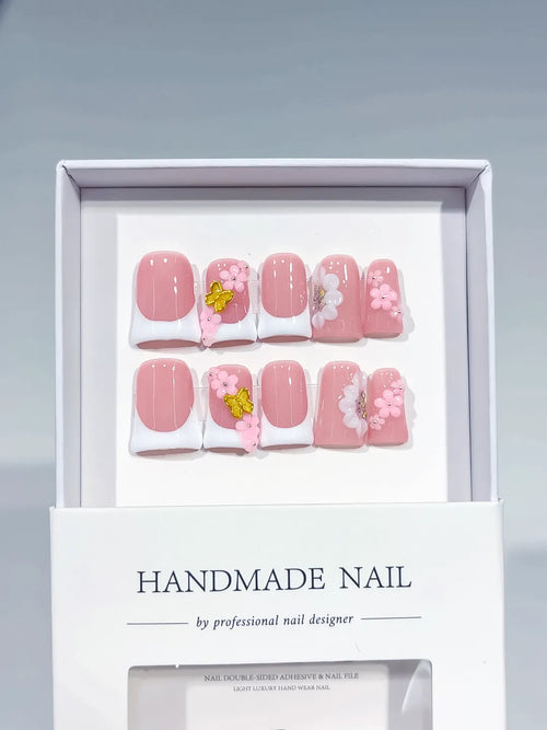 Pink White French tip Flower 3D press on nails full set view