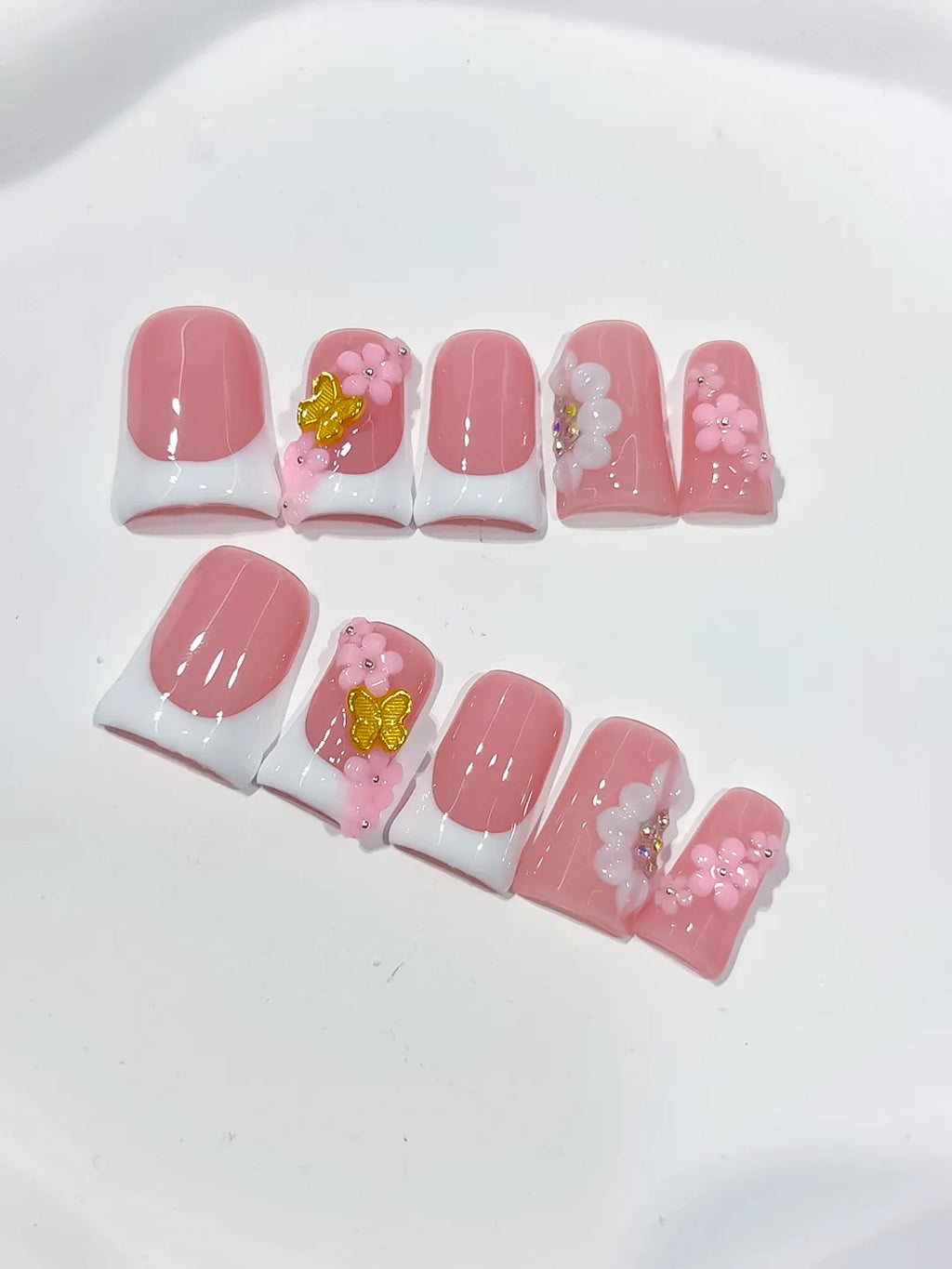 Pink White French tip Flower 3D press on nails detail view