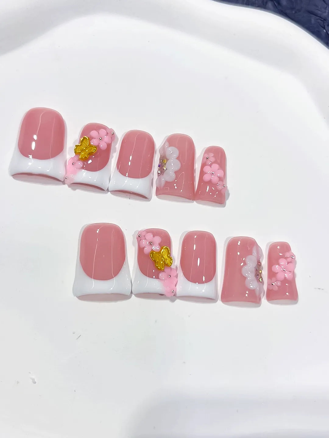 Pink White French tip Flower 3D press on nails detail view