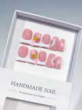 Pink White French tip Flower 3D press on nails