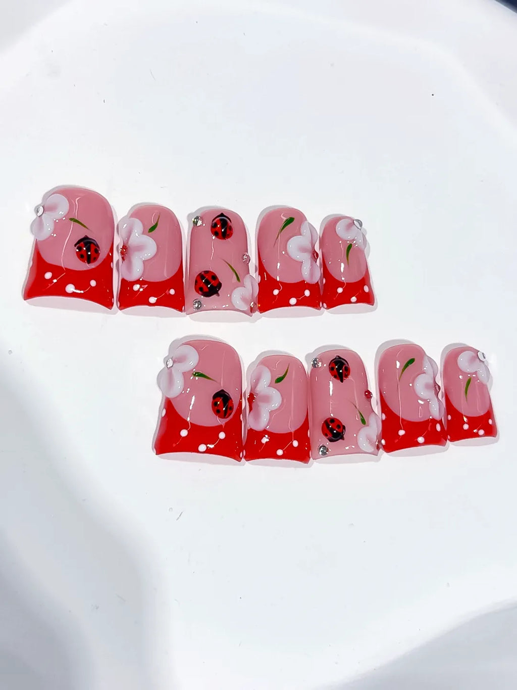 Pink Red White Abstract Ladybug Flower 3D press on nails close up