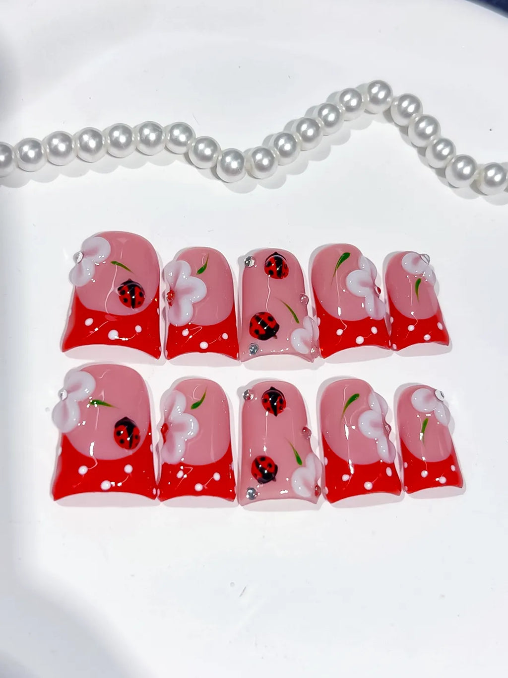 Pink Red White Abstract Ladybug Flower 3D press on nails detail view