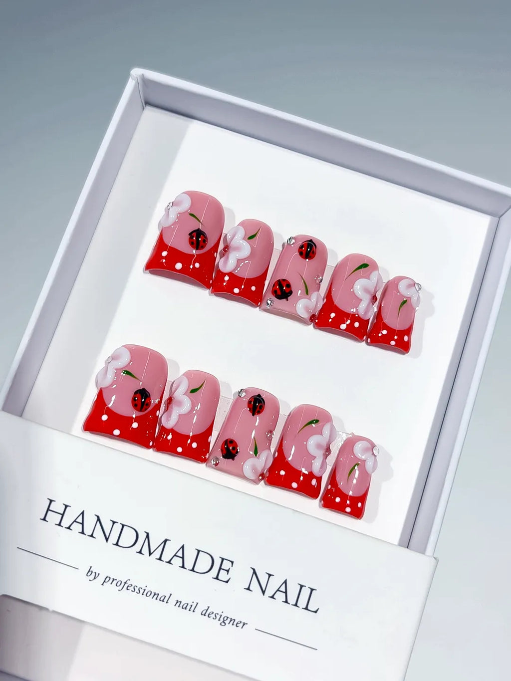 Pink Red White Abstract Ladybug Flower 3D press on nails