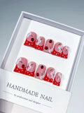 Pink Red White Abstract Ladybug Flower 3D press on nails