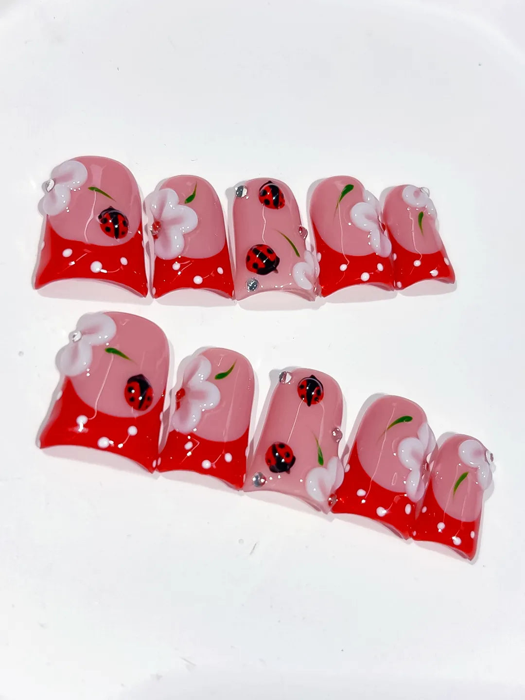 Pink Red White Abstract Ladybug Flower 3D press on nails detail view