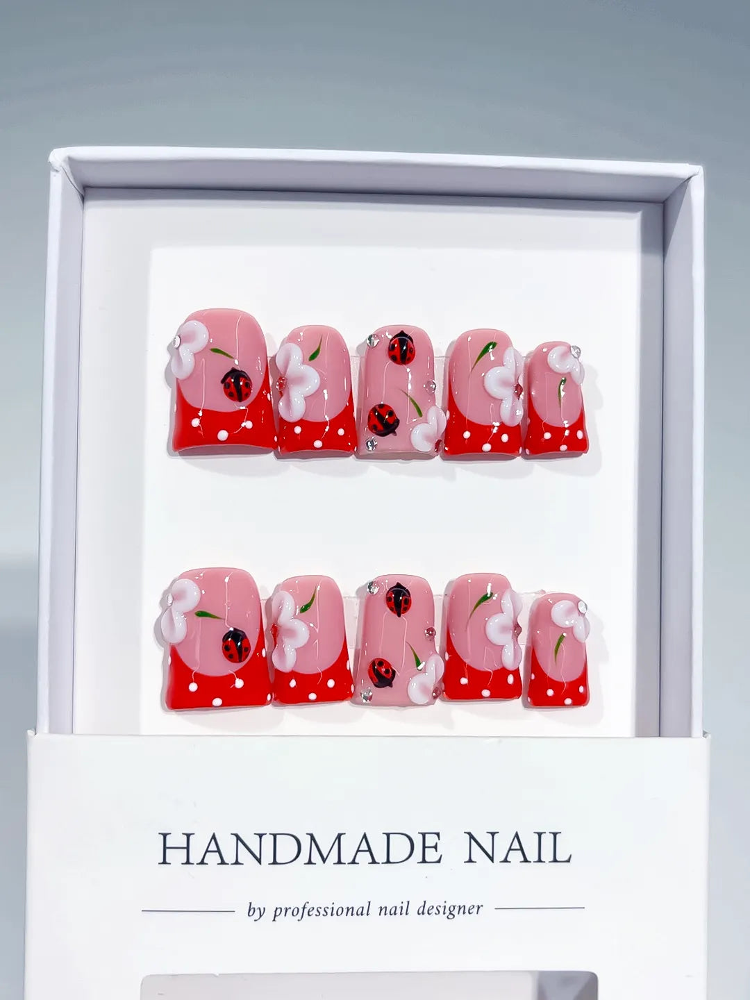 Pink Red White Abstract Ladybug Flower 3D press on nails full set view