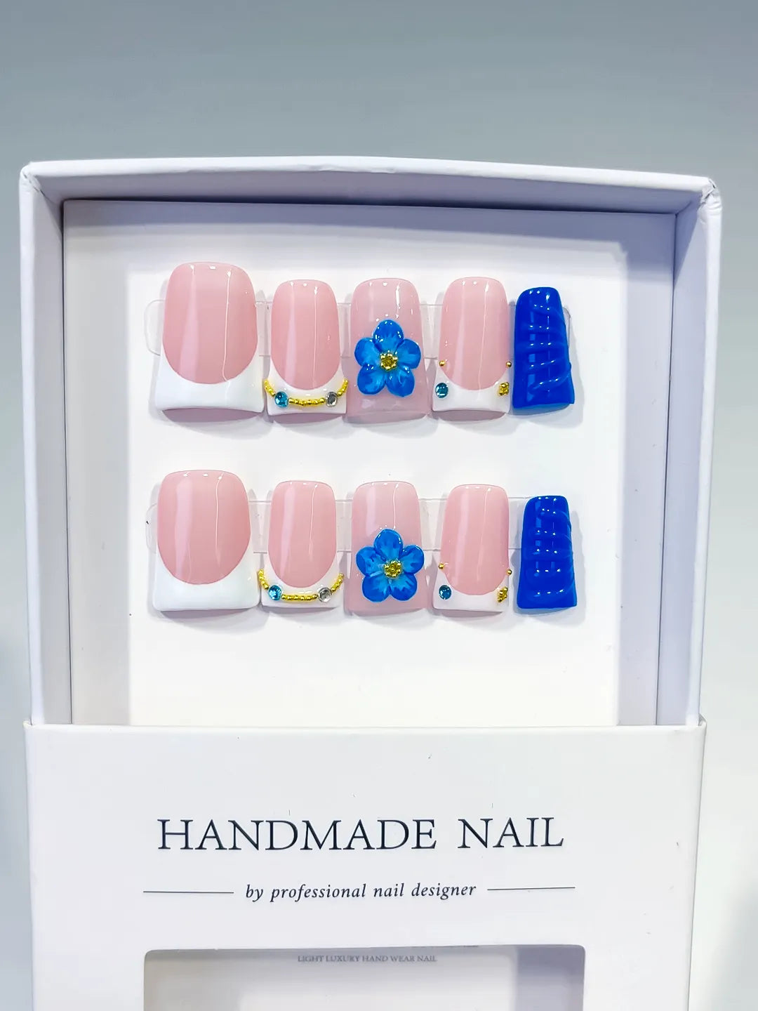 Pink White Blue Gold French tip Flower Rhinestone 3D press on nails full set view