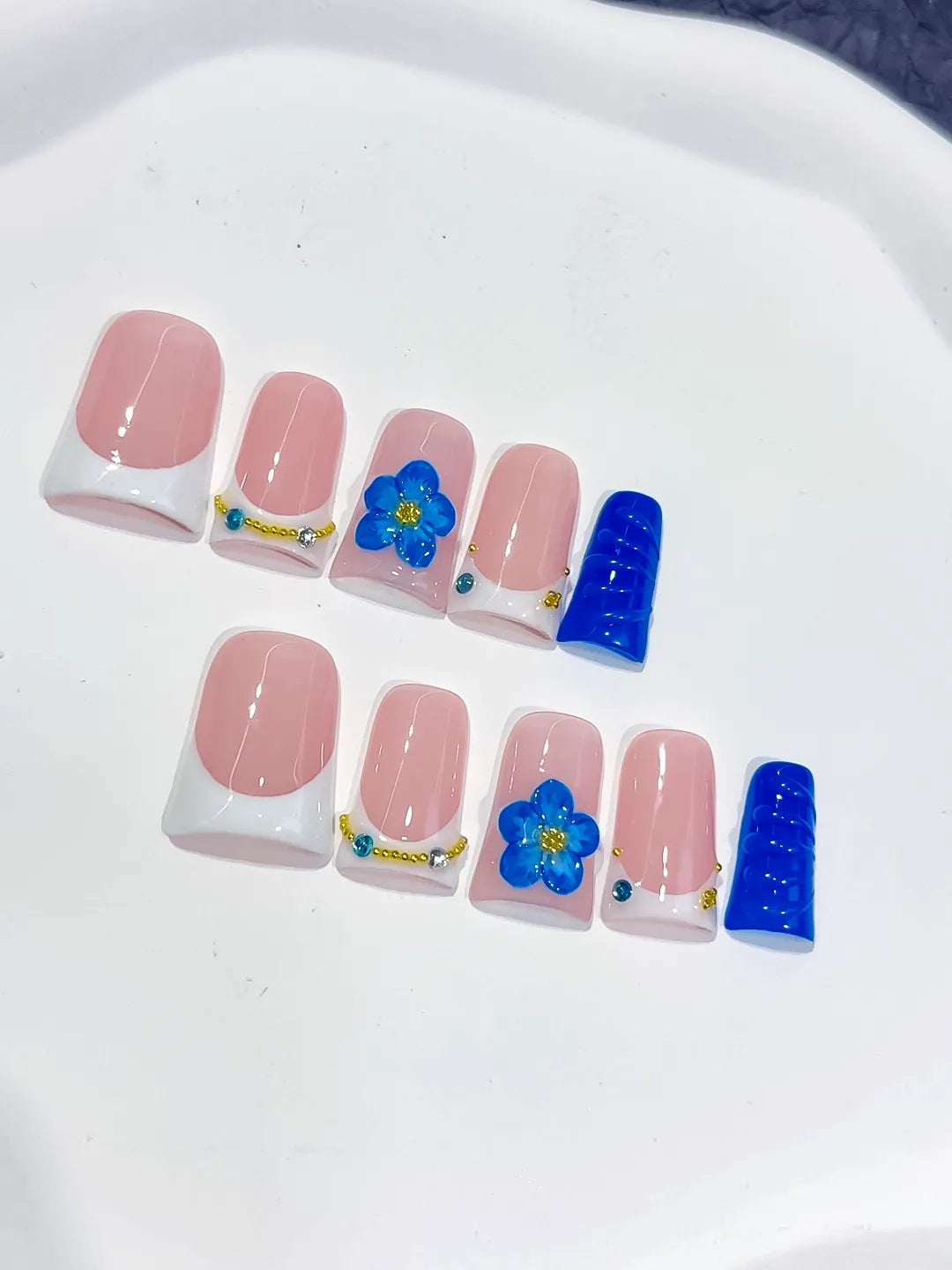 Pink White Blue Gold French tip Flower Rhinestone 3D press on nails detail view