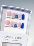 Pink White Blue Gold French tip Flower Rhinestone 3D press on nails