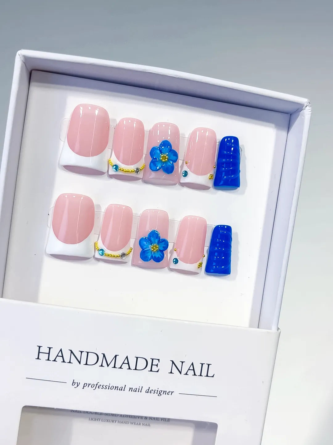 Pink White Blue Gold French tip Flower Rhinestone 3D press on nails