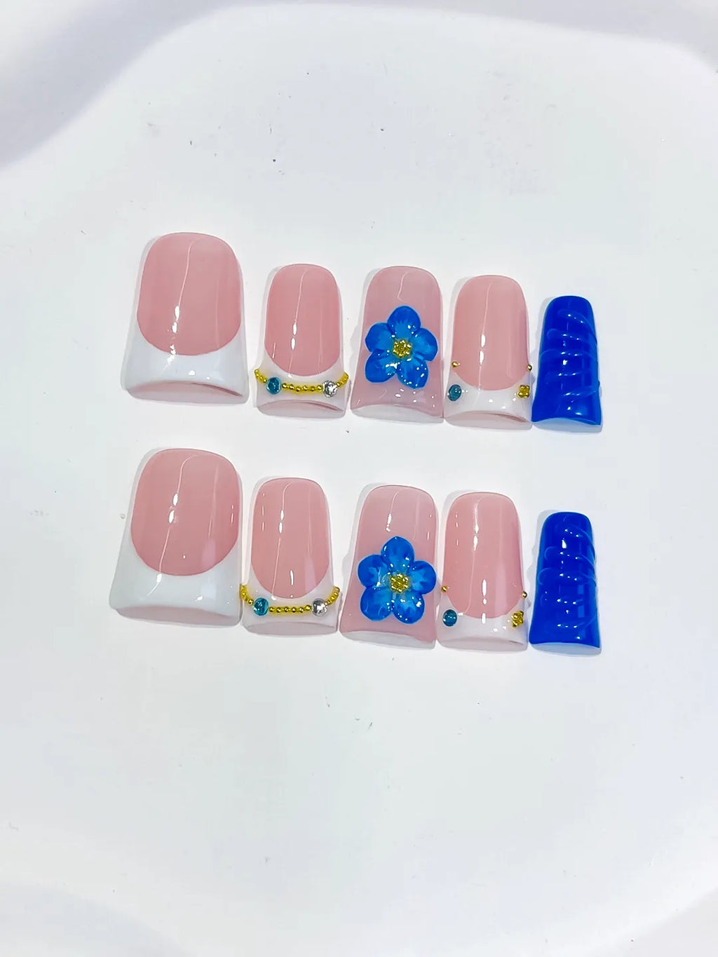 Pink White Blue Gold French tip Flower Rhinestone 3D press on nails detail view