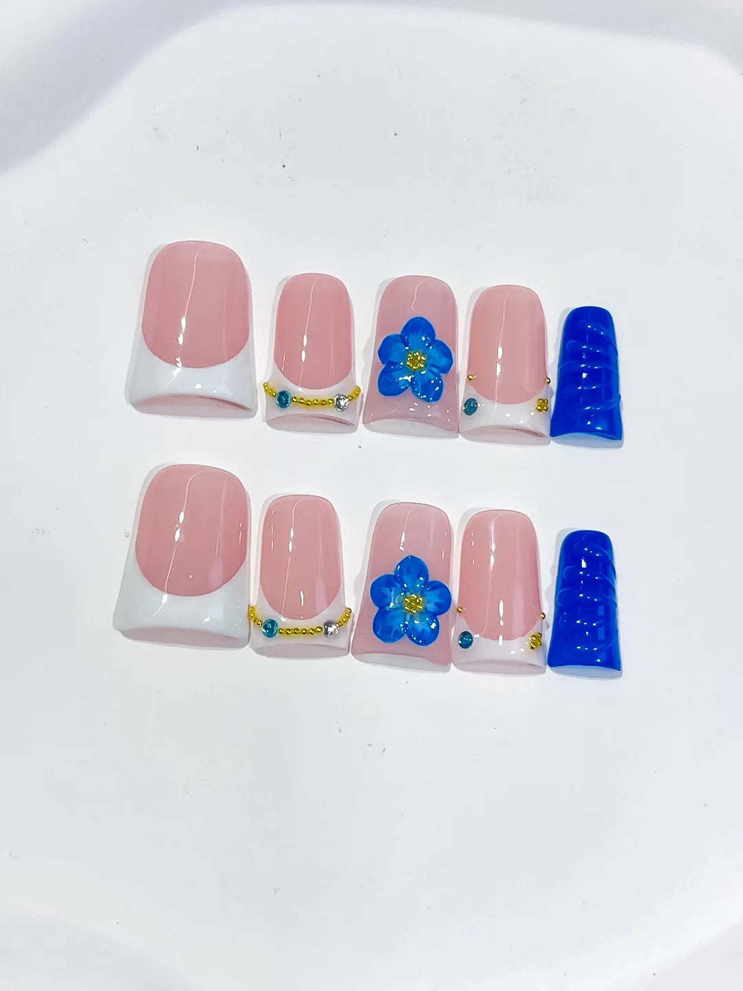 Pink White Blue Gold French tip Flower Rhinestone 3D press on nails detail view