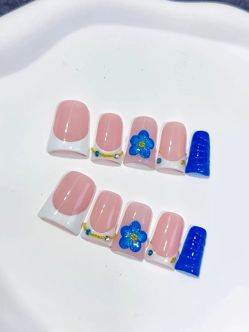 Pink White Blue Gold French tip Flower Rhinestone 3D press on nails detail view