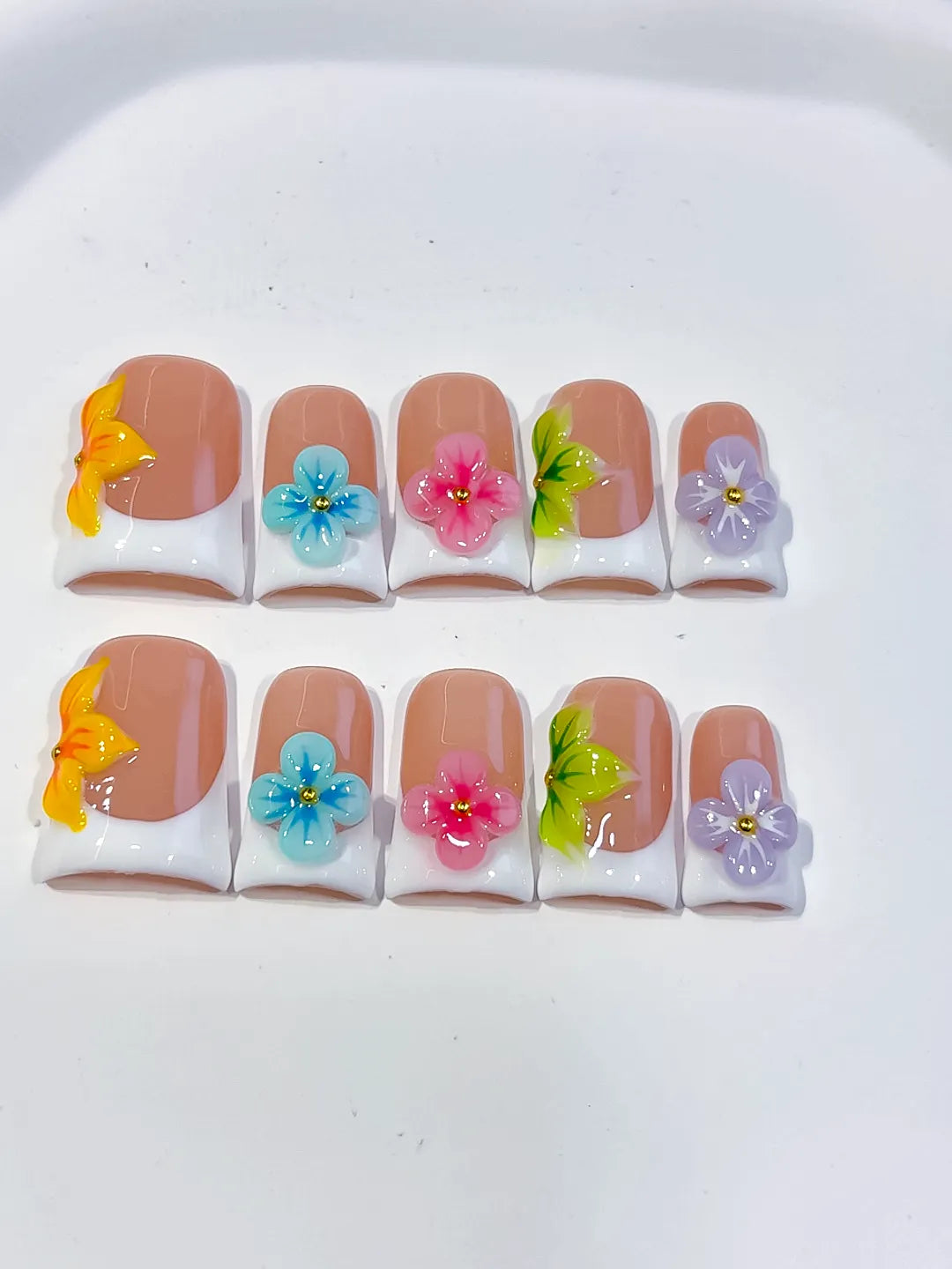 Nude Orange Blue Green Abstract Flower 3D press on nails detail view