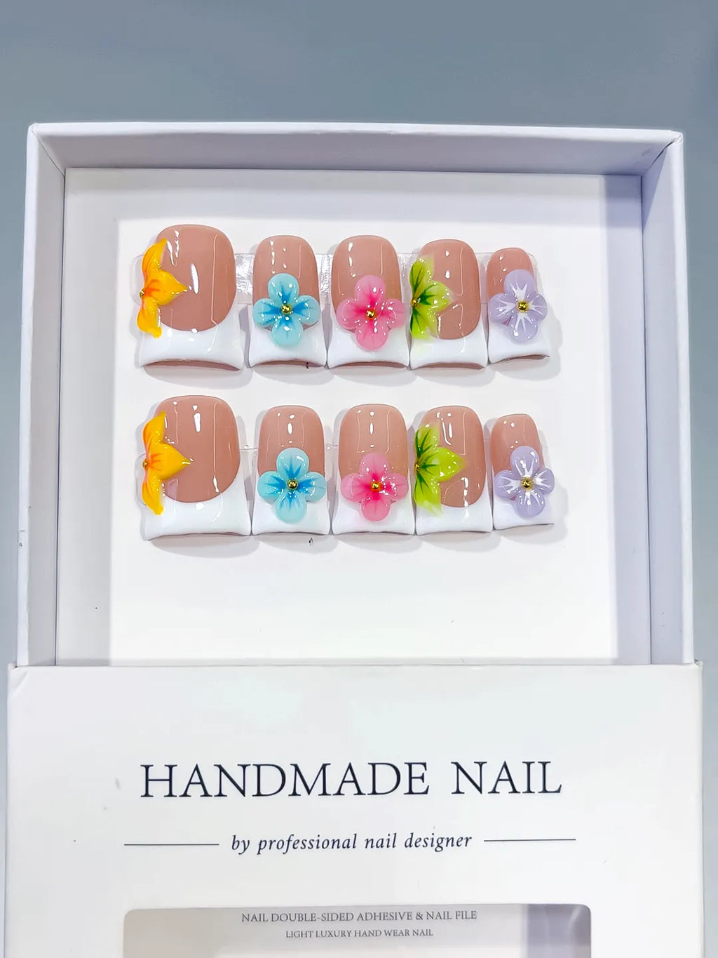 Nude Orange Blue Green Abstract Flower 3D press on nails full set view