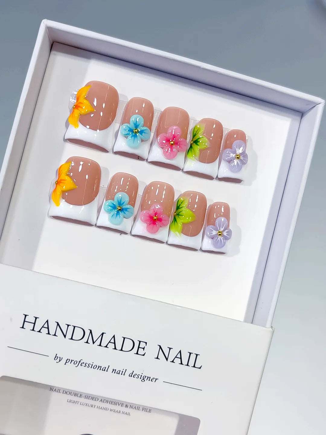 Nude Orange Blue Green Abstract Flower 3D press on nails