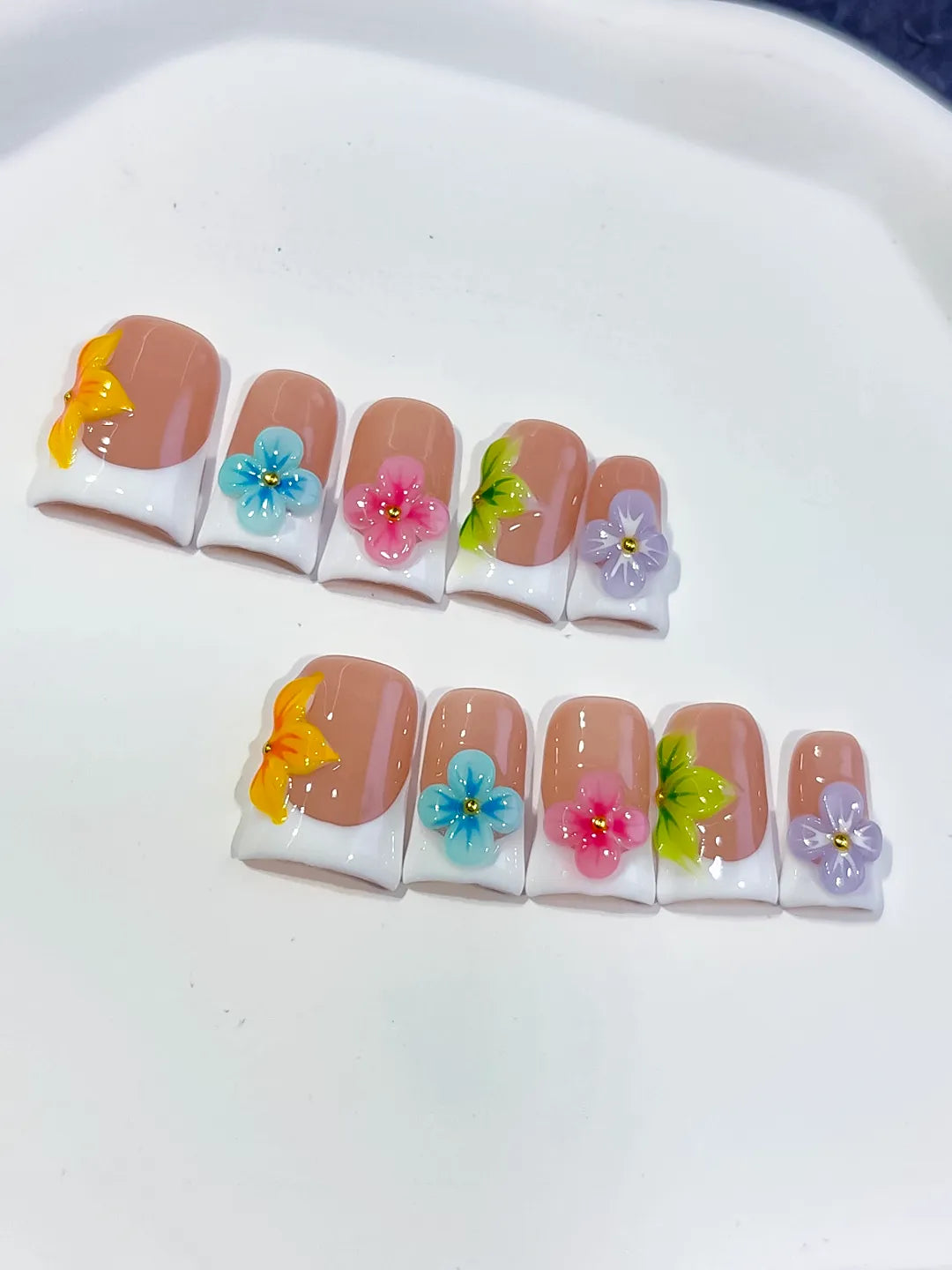 Nude Orange Blue Green Abstract Flower 3D press on nails detail view