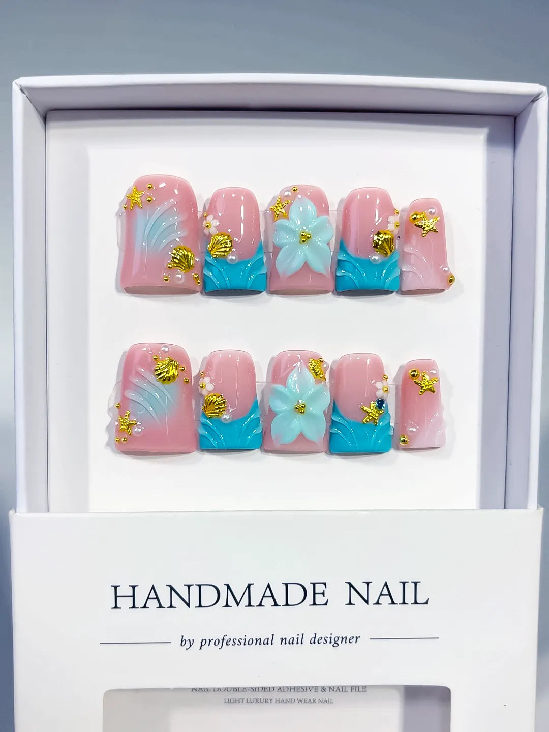 Pink Blue White Gold French tip Flower Rhinestone 3D press on nails full set view