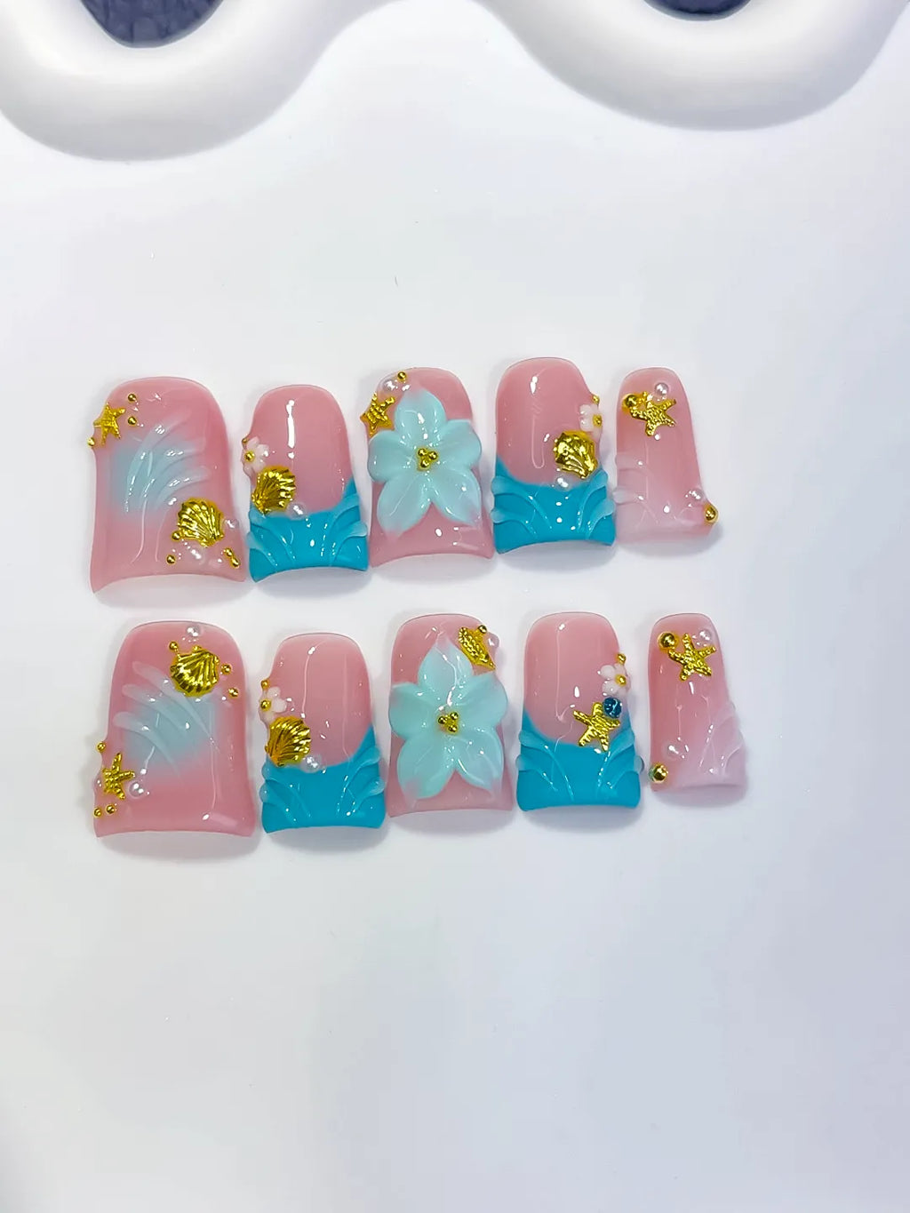 Pink Blue White Gold French tip Flower Rhinestone 3D press on nails detail view